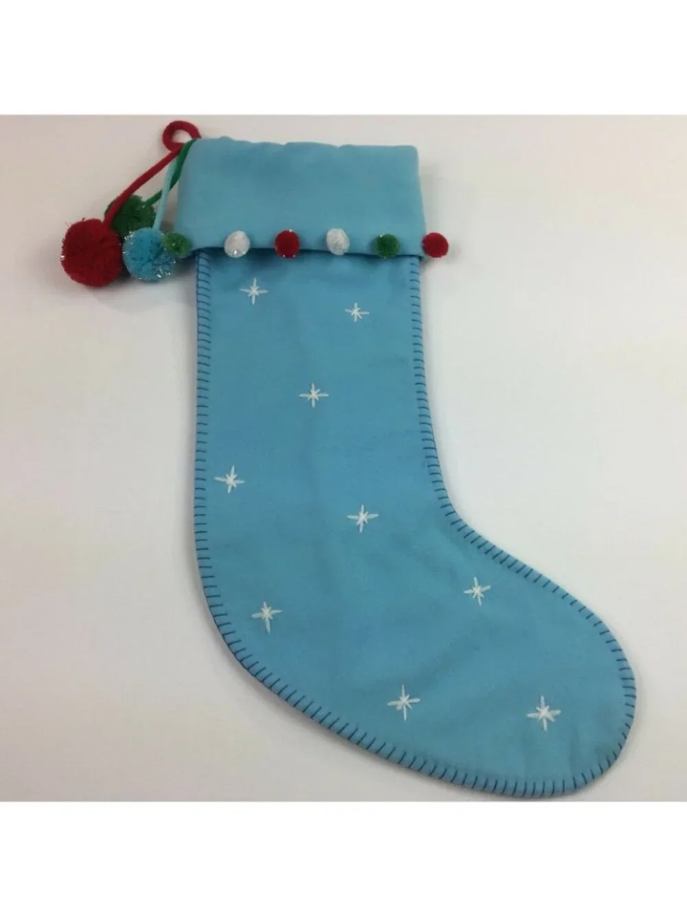 Light Blue Christmas Stocking Pom Poms Embroidered Stars Red Green White Tassel